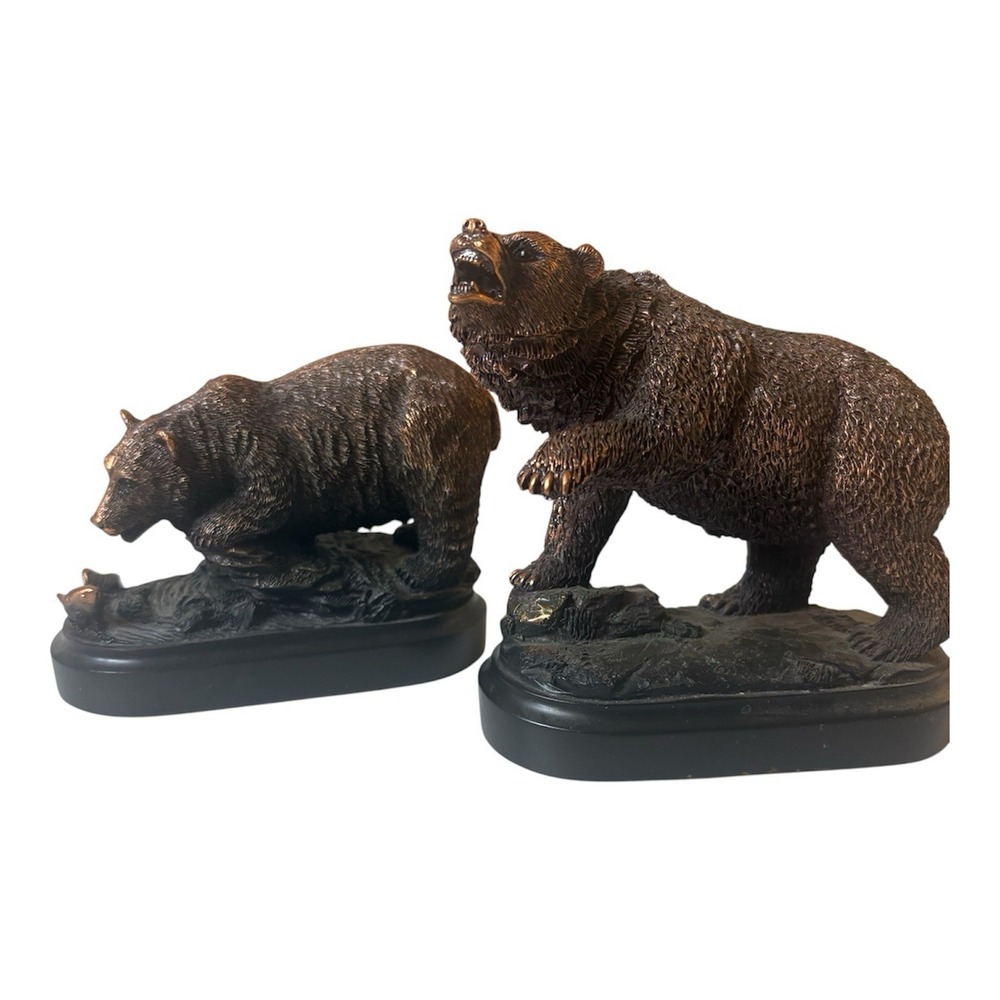 Set of 2 Bronze Electroplated Brown Bear Figurines Wildlife Cabin Lodge Decor